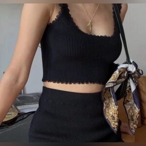 SHEKOU Black Sweater Knit Crop Tank Top with Lace Trim Size S